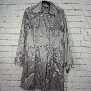 WOMENS METALLIC SATIN TRENCH COAT IN SILVER BY CARMEN SIZE MED TRENDY CLASSSY